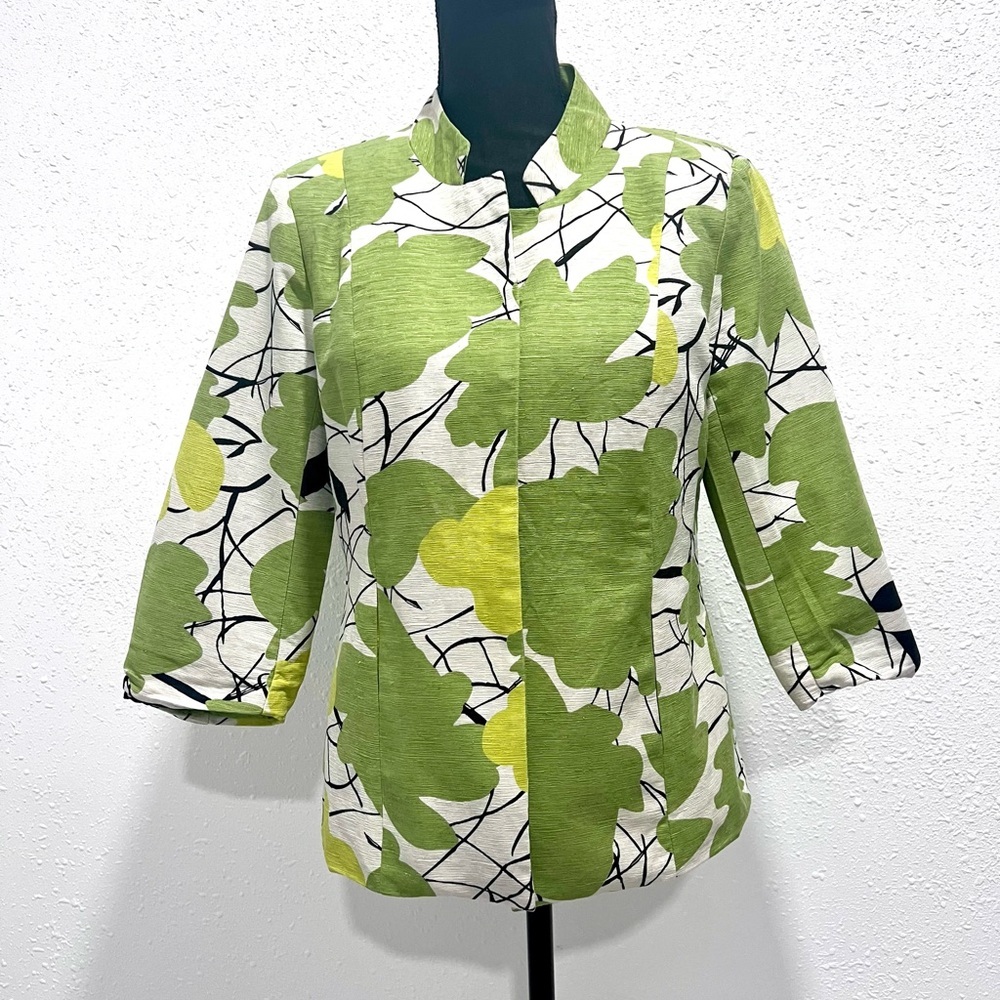 SilkLand Green and Yellow Leaf Print Button‎ Down Open Jacket M